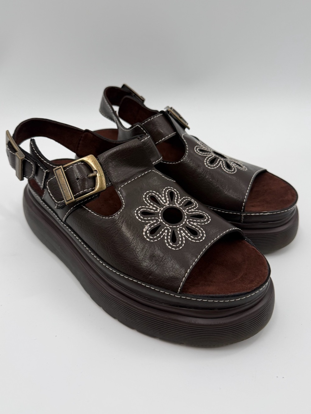 Brown Faux Leather Floral Cut Out Flatform Fisherman Sandals